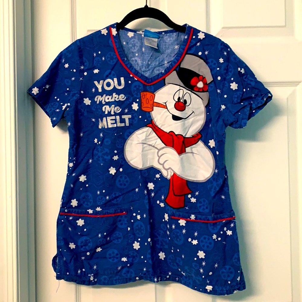 Christmas scrub shirt; frosty the snowman